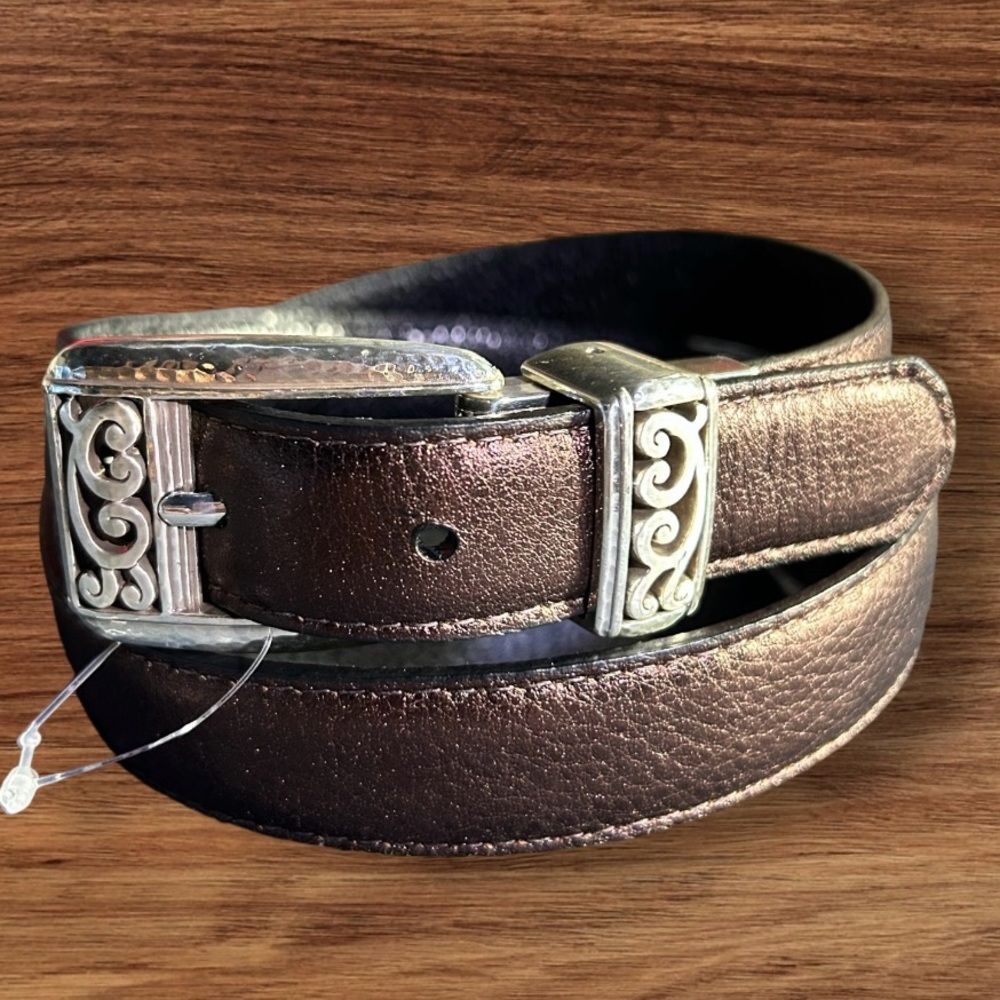BRIGHTON Reversible Womens Belt Shiny Oil Rubbed Bronze Color, Silver Buckle